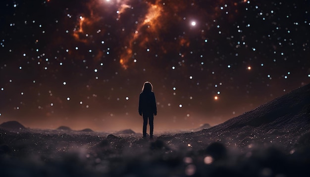 Foto hombre de pie en la nieve y mirando a las estrellas por la noche