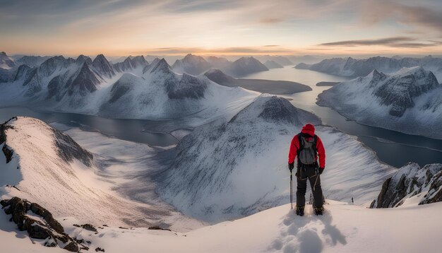 un hombre de pie en la nieve con una montaña en el fondo