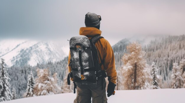 un hombre de pie en la parte superior de una pendiente cubierta de nieve