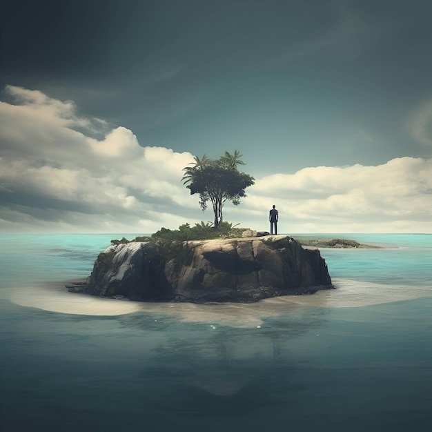 Hombre de pie en una pequeña isla en el mar renderización 3D