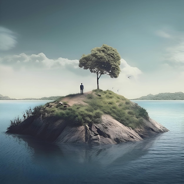 Hombre de pie en una pequeña isla en medio del mar