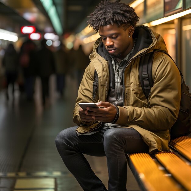 Un hombre de pie en una plataforma de tren mirando su teléfono celular