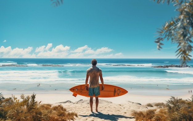 Un hombre de pie en una playa sosteniendo una IA de tabla de surf