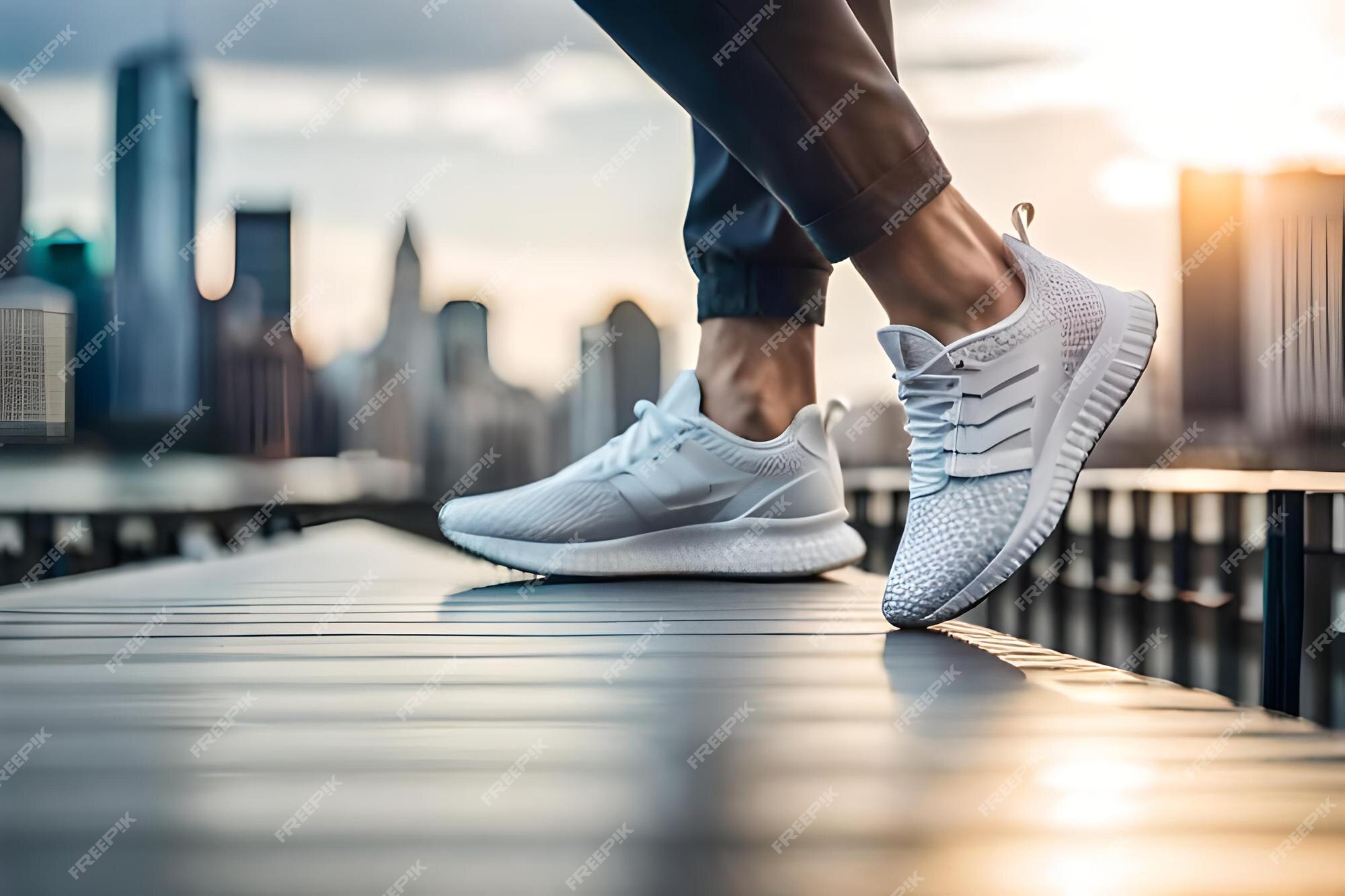 Un hombre está de en un puente la del sol, con zapatillas deportivas adidas blancas. | Foto Premium