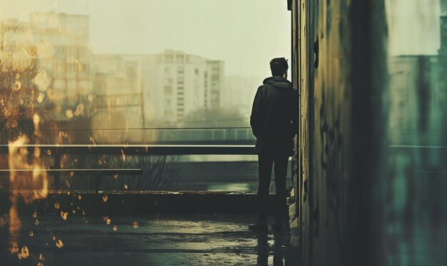 un hombre de pie en una puerta mirando a una ciudad