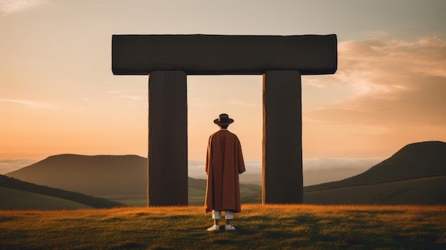 Hombre de pie en la puerta de piedra al atardecer