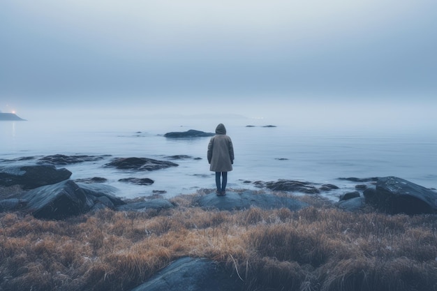 Hombre de pie en una roca mirando el mar en un día de niebla Una mujer sola mirando un mar de niebla experimentando un estilo de vida de aventura al aire libre expresando soledad emociones tristes AI generada