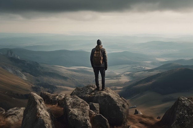 Hombre de pie en una roca mirando hacia las montañas y el cielo