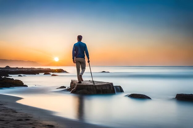 Foto un hombre está de pie en una roca con un palo en la mano