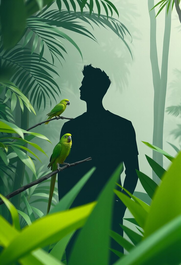 Hombre de pie en una selva exuberante su animal espiritual un loro verde brillante posado en una rama cercana