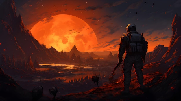 Un hombre de pie sobre una ladera rocosa que simboliza el futuro de la colonización de Marte.
