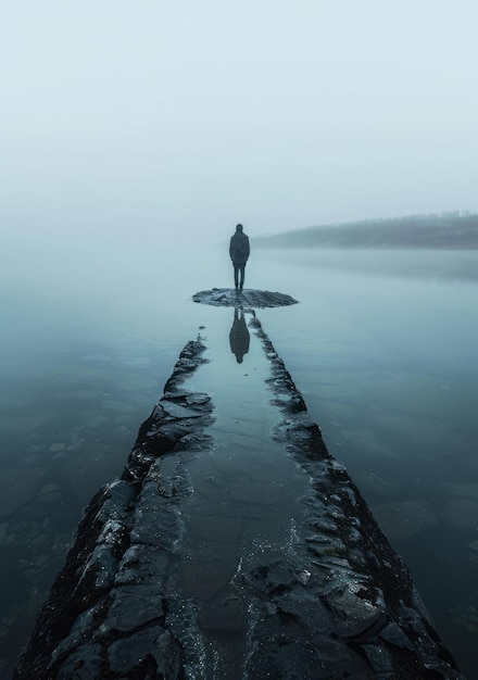 Foto hombre de pie solo en un muelle rodeado de agua y niebla