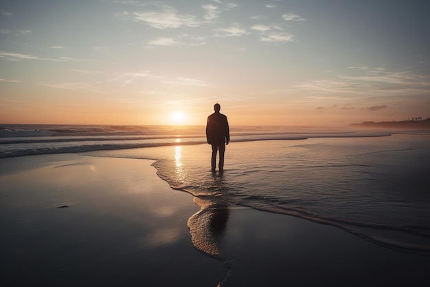 Hombre de pie solo en una playa durante el amanecer generativo ai