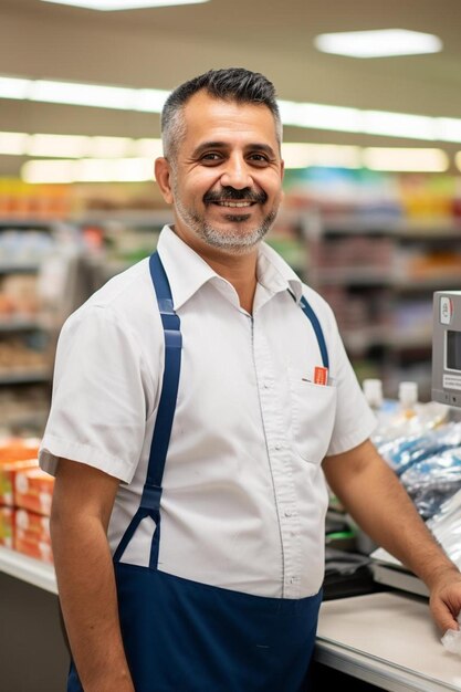 Foto un hombre de pie en una tienda con una pantalla digital que dice e