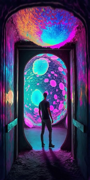Hombre de pie en el túnel con ai generativa de luz colorida grande