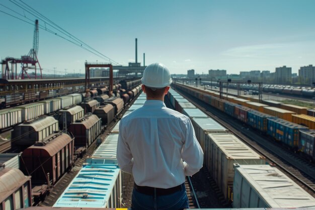 Foto hombre de pie en las vías del ferrocarril observando los trenes