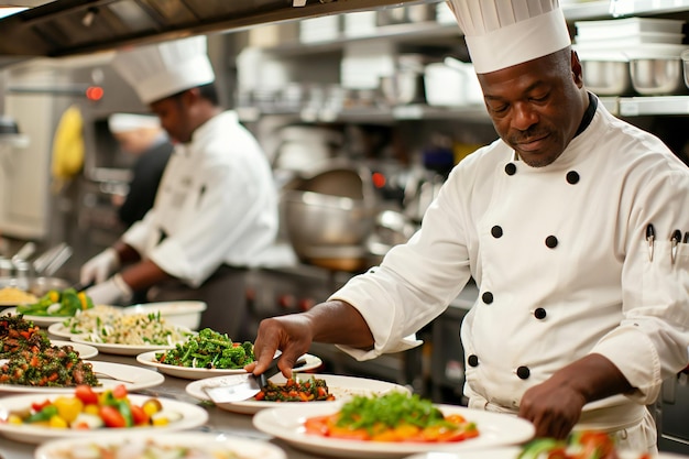 Hombre de piel negra en la cocina Chef africano en el restaurante preparando platos con verduras