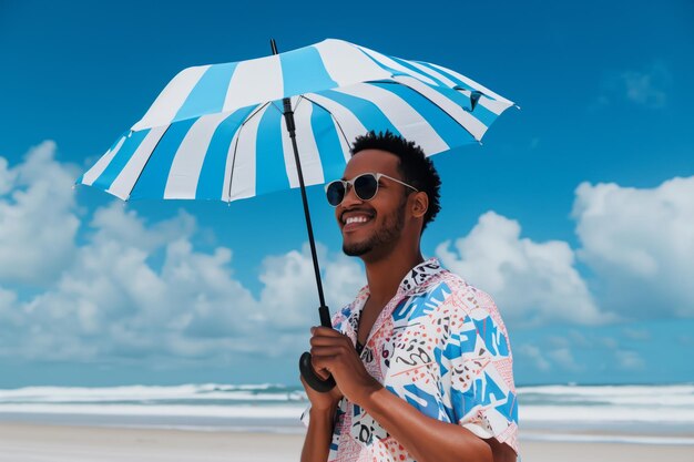 Hombre de piel oscura con camisa colorida y gafas de sol sosteniendo un paraguas azul y blanco en la playa