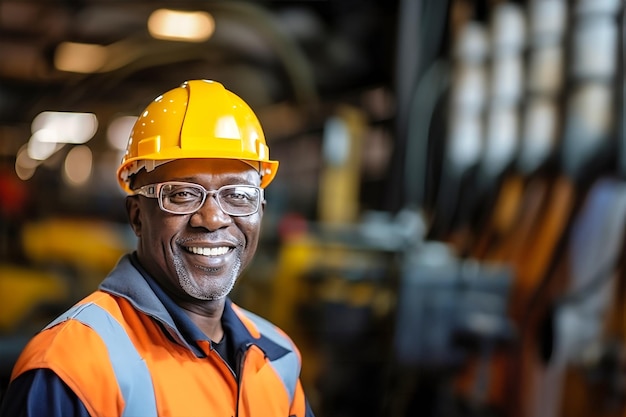 Un hombre de piel oscura de edad avanzada está vestido con un casco y gafas de seguridad listos para el trabajo de construcción