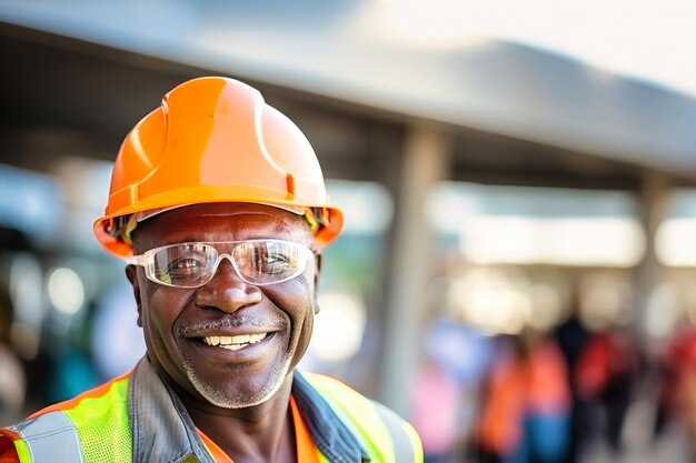 Un hombre de piel oscura de edad avanzada con un sombrero y gafas de pie con confianza en un entorno de construcción