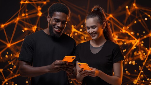 Hombre de piel oscura y mujer de piel clara sonriendo ante la innovación del teléfono disruptiva