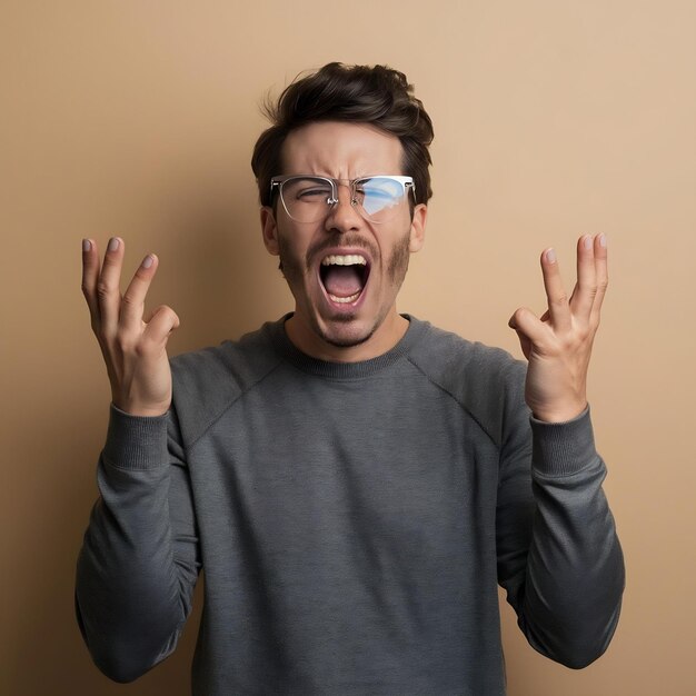 Foto el hombre pierde la paciencia grita con la boca abierta lleva gafas transparentes y un jumper casual es