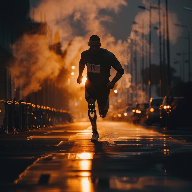 Un hombre con una pierna protésica corre por una calle bajo la lluvia