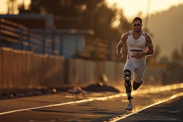 Un hombre con una pierna protésica corre por una pista