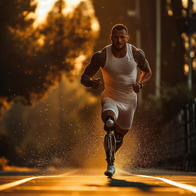 Foto un hombre con una pierna protésica corre por una pista