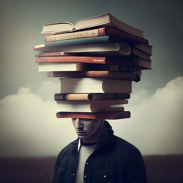 un hombre con una pila de libros que sobresalen de su cabeza creados con herramientas de inteligencia artificial