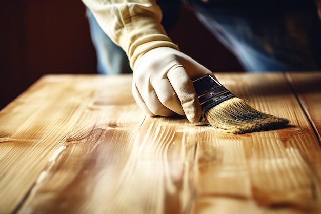 Foto hombre con pincel aplicando mancha de madera en la superficie de madera en un primer plano