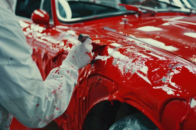 Foto hombre pintando un coche rojo