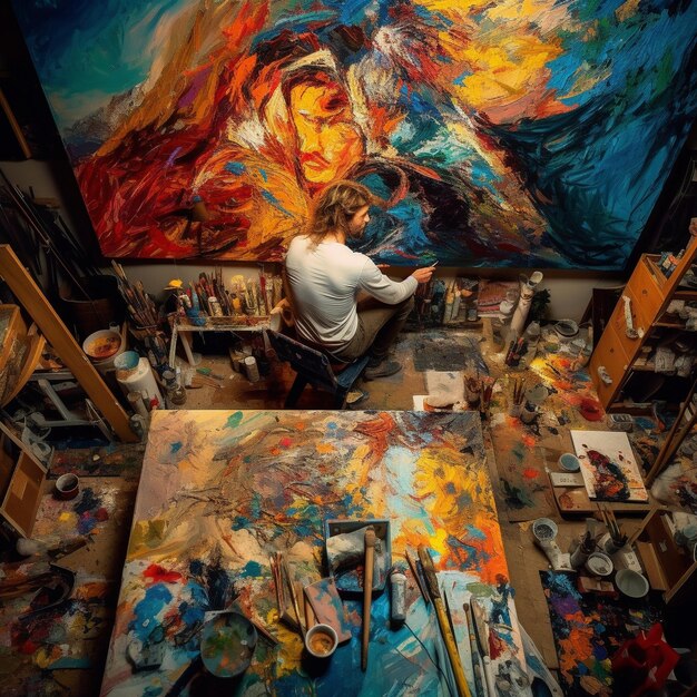 Foto un hombre está pintando en un estudio con una pintura titulada 