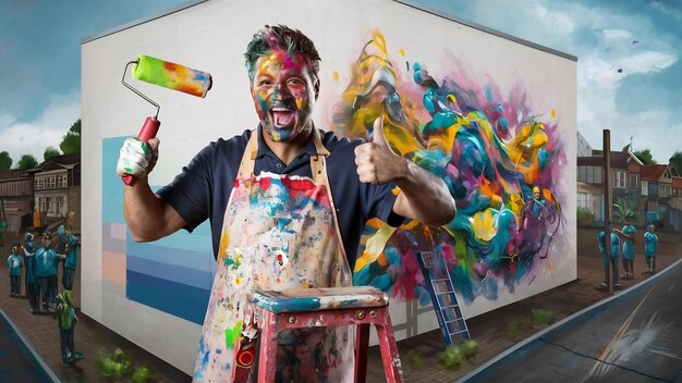 Foto hombre pintor sosteniendo un rodillo de pintura en la pared blanca con los pulgares hacia arriba porque algo bueno ha sucedido