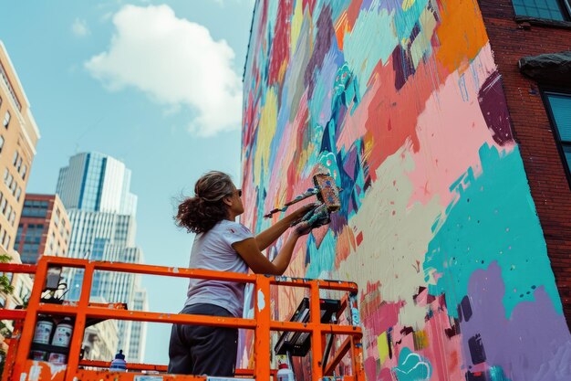 Hombre pintor trabajando en una gran pared mural en el medio de una ciudad