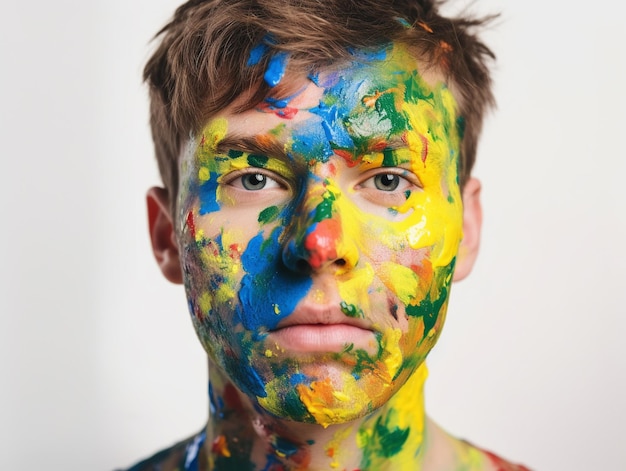 Un hombre con pintura en la cara tiene una cara que ha sido pintada con colores de diferentes colores.