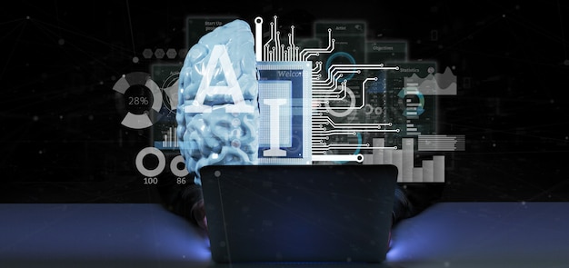 Hombre pirata informático con icono de inteligencia artificial con medio cerebro y medio circuito renderizado 3d