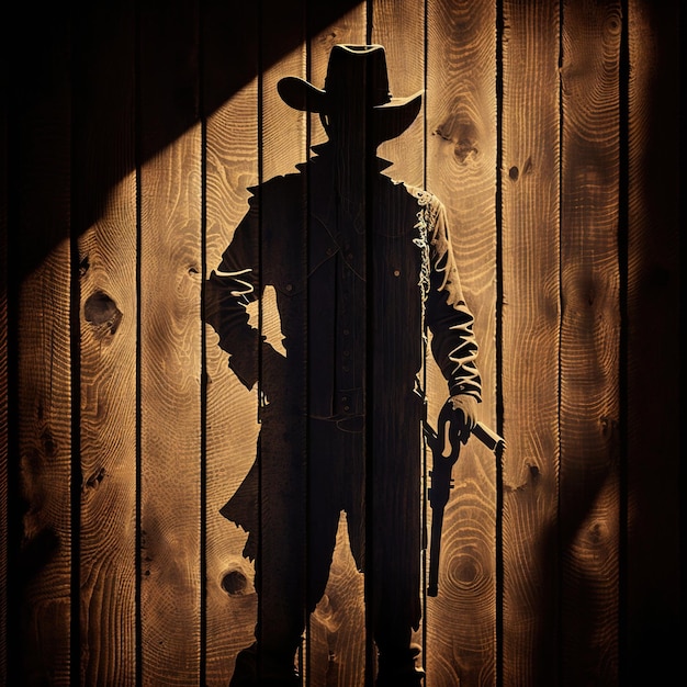 Un hombre con una pistola de pie en una pose elegante sobre un fondo de madera AI generativa