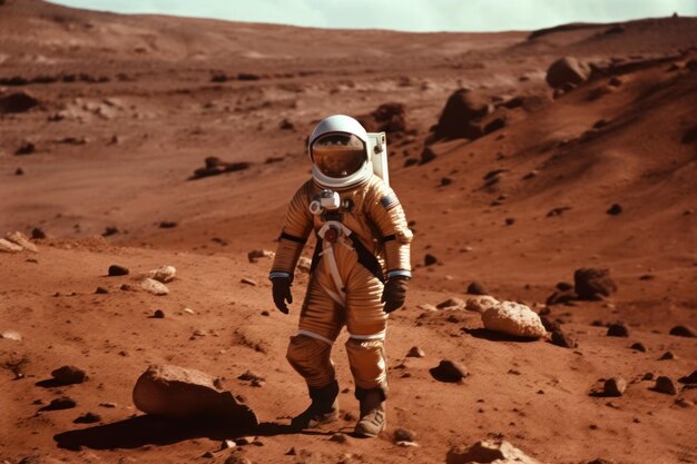 Foto un hombre se para en un planeta rojo con un casco puesto.