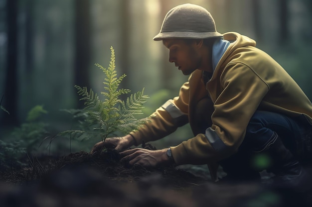 Un hombre plantando un árbol en el bosque.