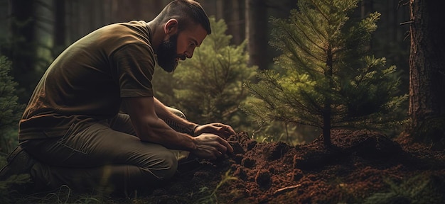 un hombre plantando un árbol en el bosque