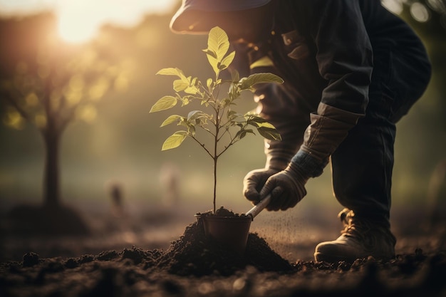 Un hombre plantando un árbol en un campo.