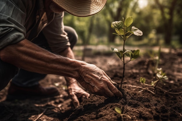 Foto un hombre plantando un árbol en un campo.