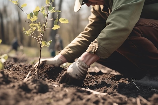 Un hombre plantando un árbol en un jardín.