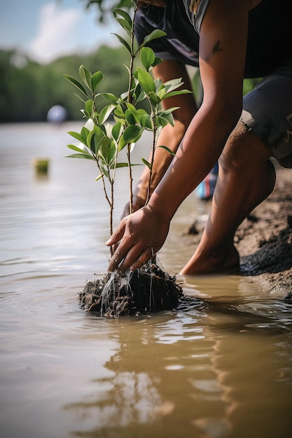 Un hombre plantando un árbol en un río.