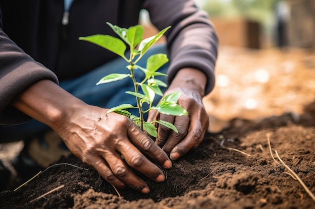 Un hombre plantando árboles o trabajando en el jardín Concepto de participación comunitaria IA generativa