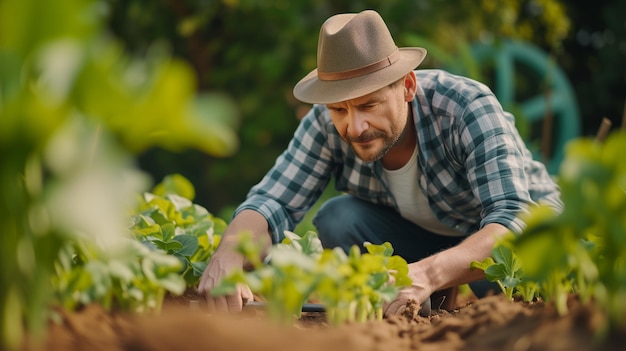 Hombre plantando cultivos en el jardín comunal Hombre jardinería en el jardin del patio trasero