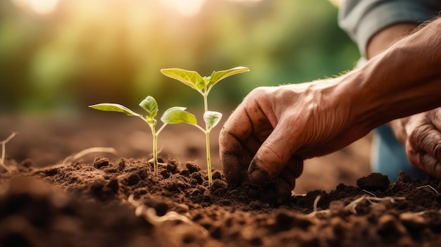 Hombre plantando una pequeña planta verde en el suelo