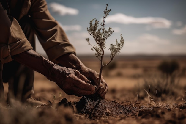 Un hombre plantando una planta en un campo