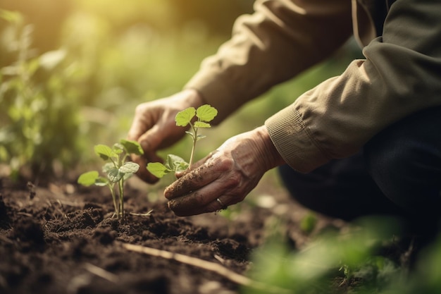 Un hombre plantando una planta en un jardín.